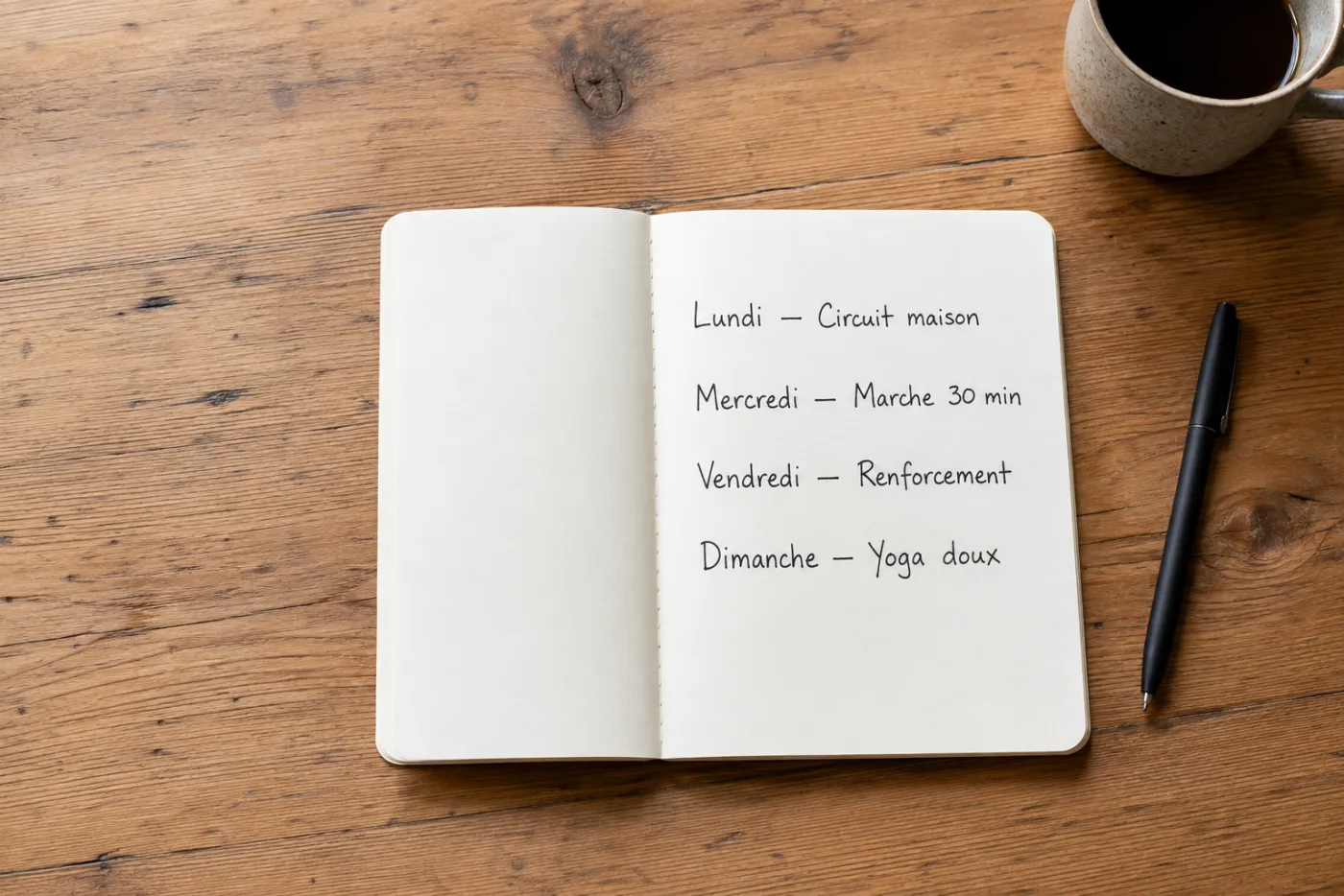 Carnet ouvert sur une table, séances d’entraînement notées à la main.
