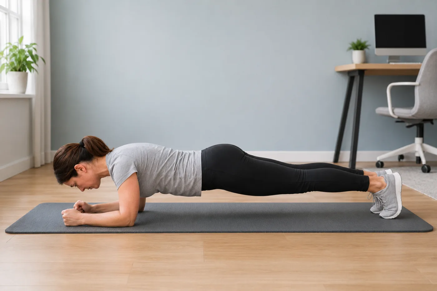Femme en gainage sur les avant-bras, corps aligné des talons à la tête.