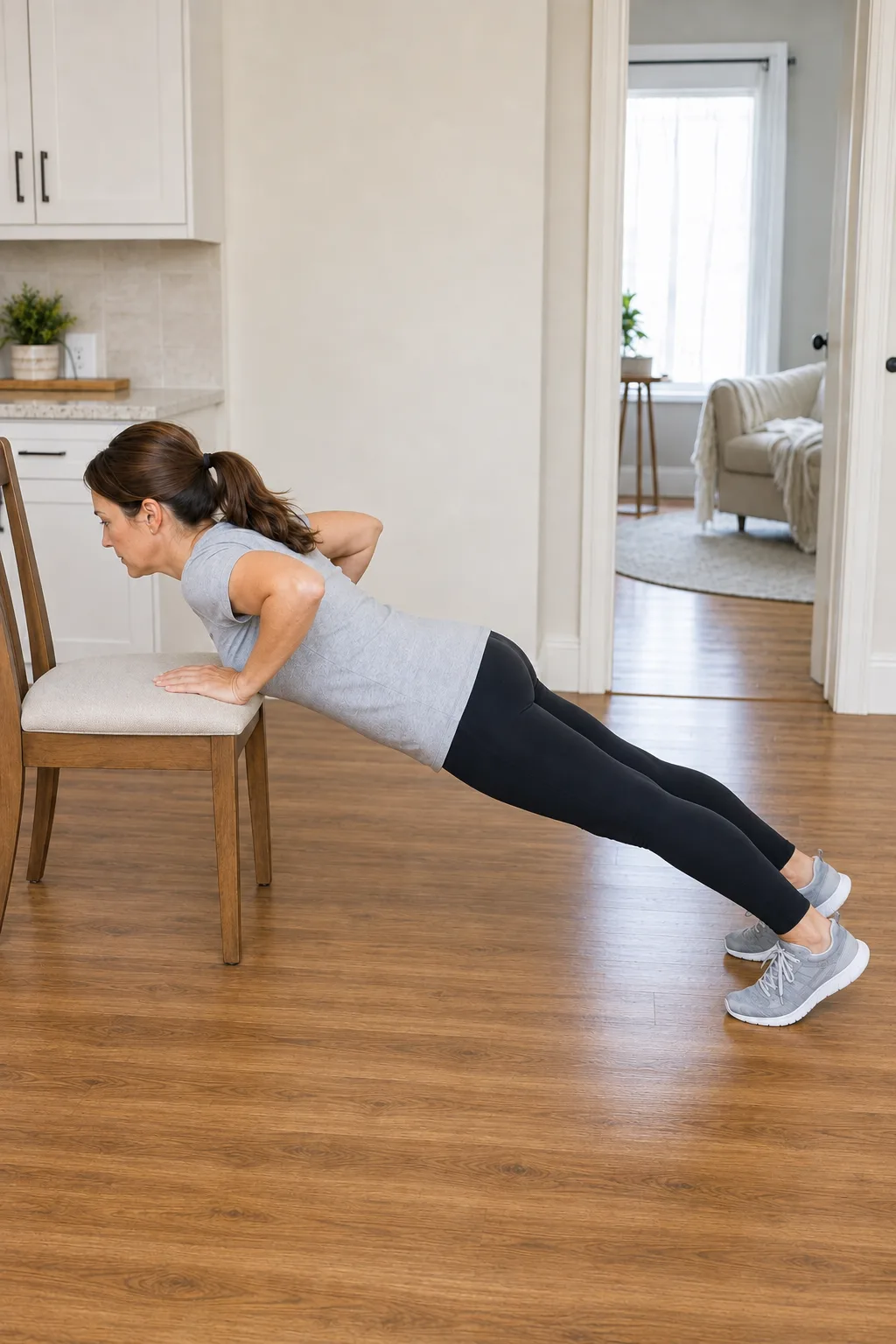 Femme réalisant une pompe appuyée sur une chaise, vue de profil.