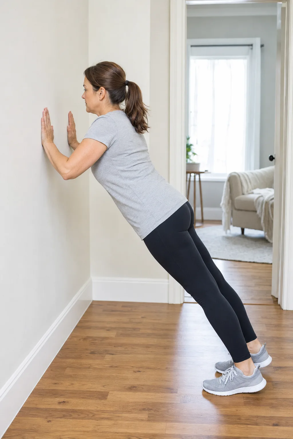 Femme réalisant une pompe contre un mur, vue de profil : bras tendus, corps en ligne droite incliné vers le mur.