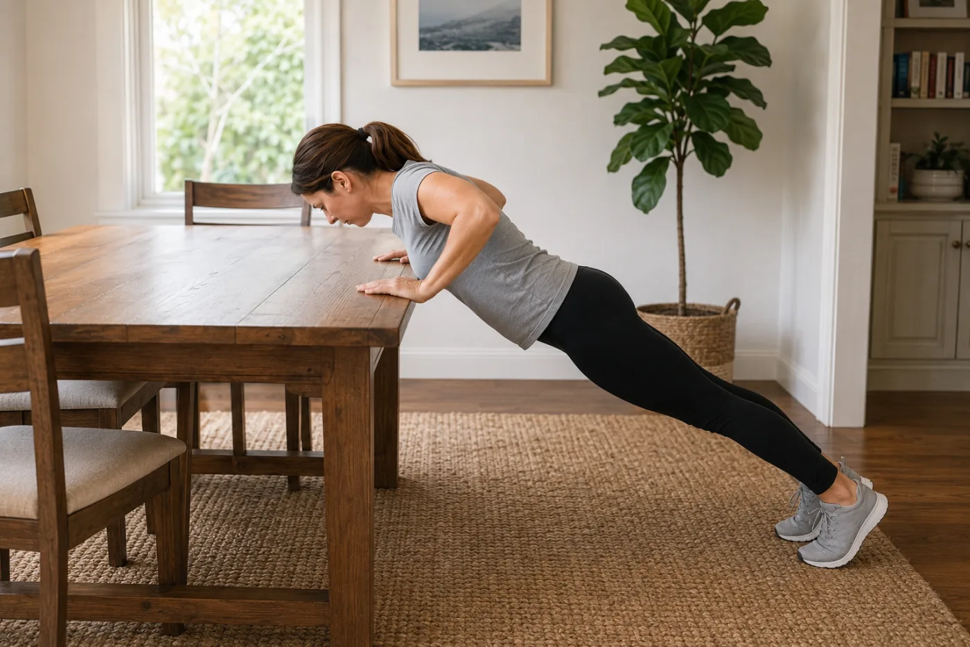 Femme réalisant une pompe inclinée les mains posées sur une table.