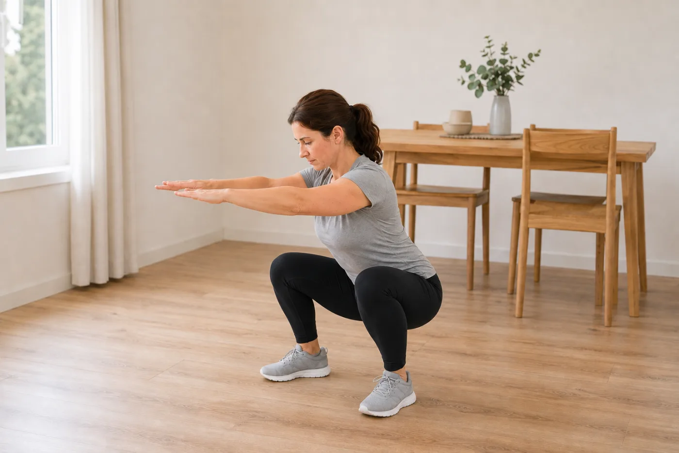 Femme en position basse d’un squat, dans un intérieur clair.