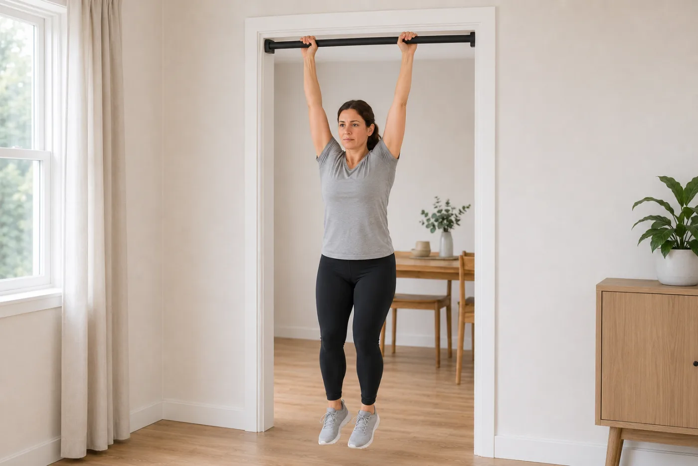 Femme suspendue à une barre de traction fixée dans l’encadrement d’une porte, bras tendus.