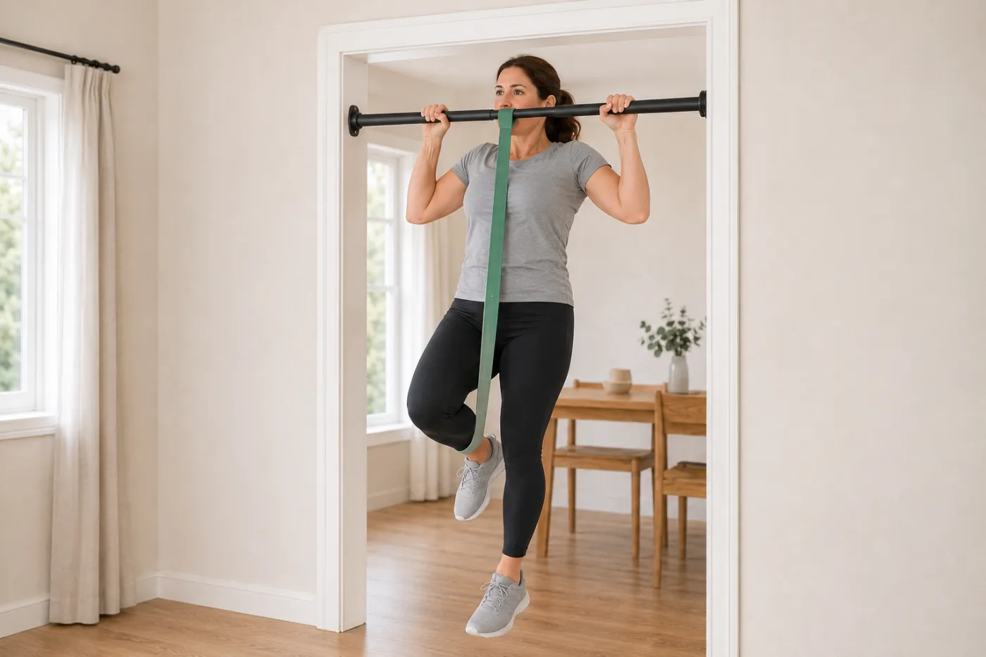 Femme réalisant une traction assistée par un élastique passé autour de la barre, un genou posé dedans.